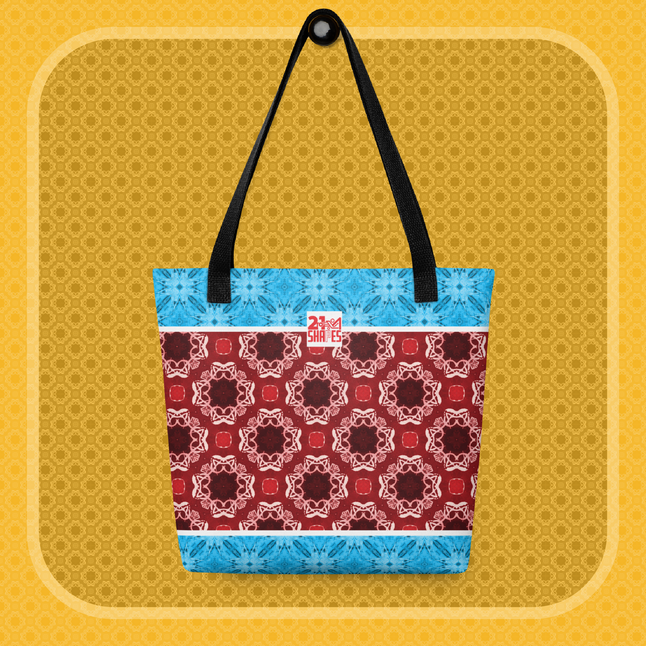 Tote bag with a blue and red geometric pattern on a yellow background