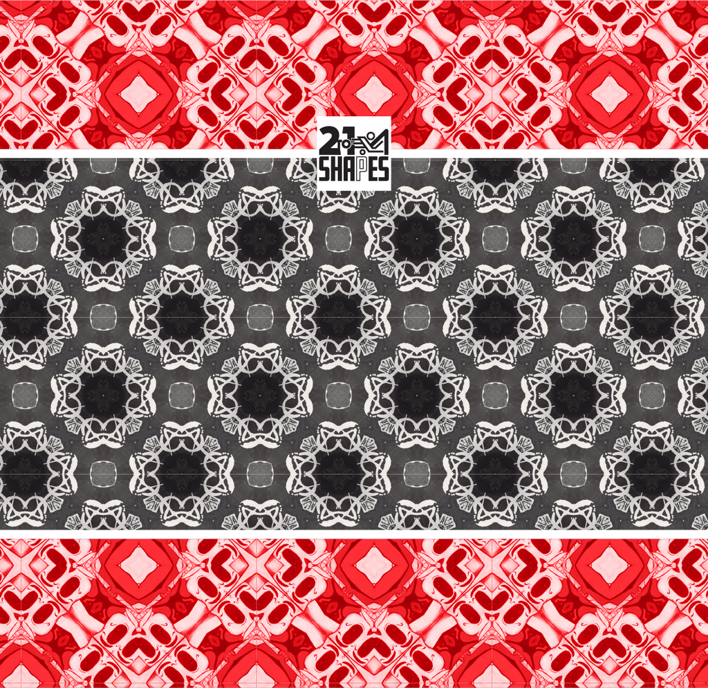 Red, black, and white geometric pattern on fabric swatch with a visible brand logo.