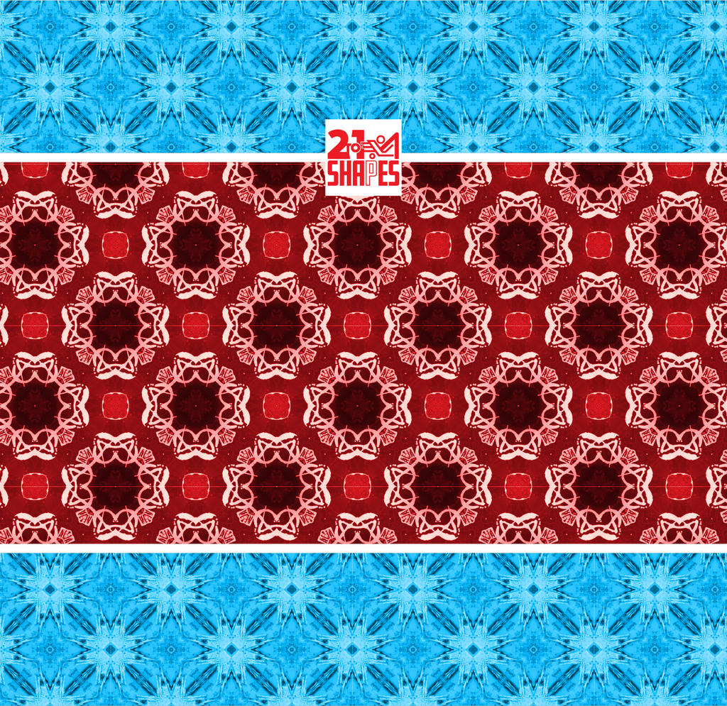 Blue and red geometric pattern on fabric swatch with a visible brand logo