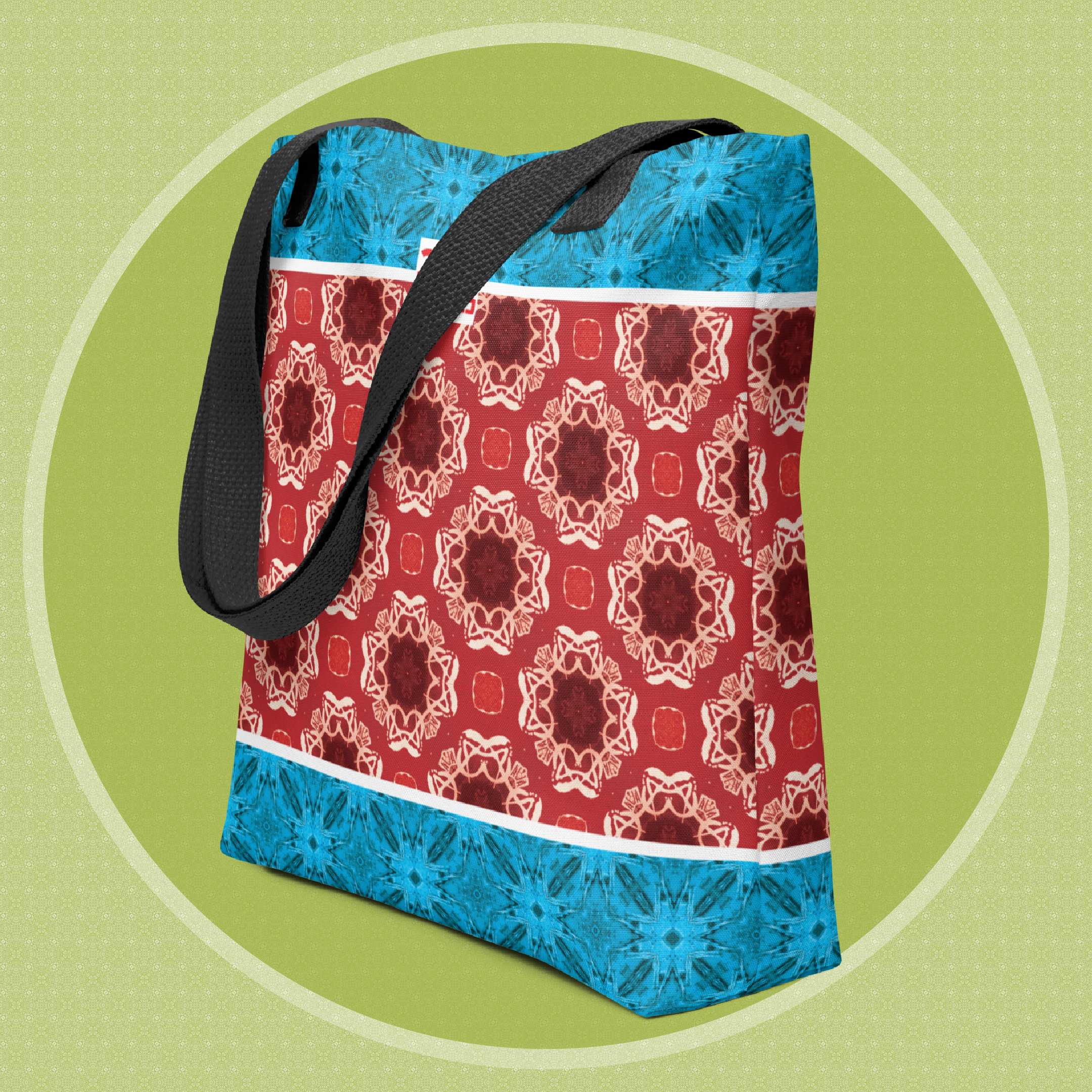 Tote bag with a blue and red geometric pattern on a green background