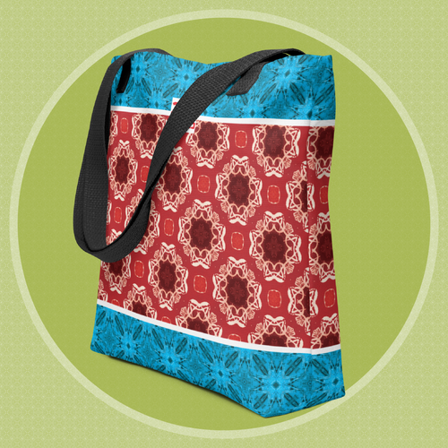 Tote bag with a blue and red geometric pattern on a green background