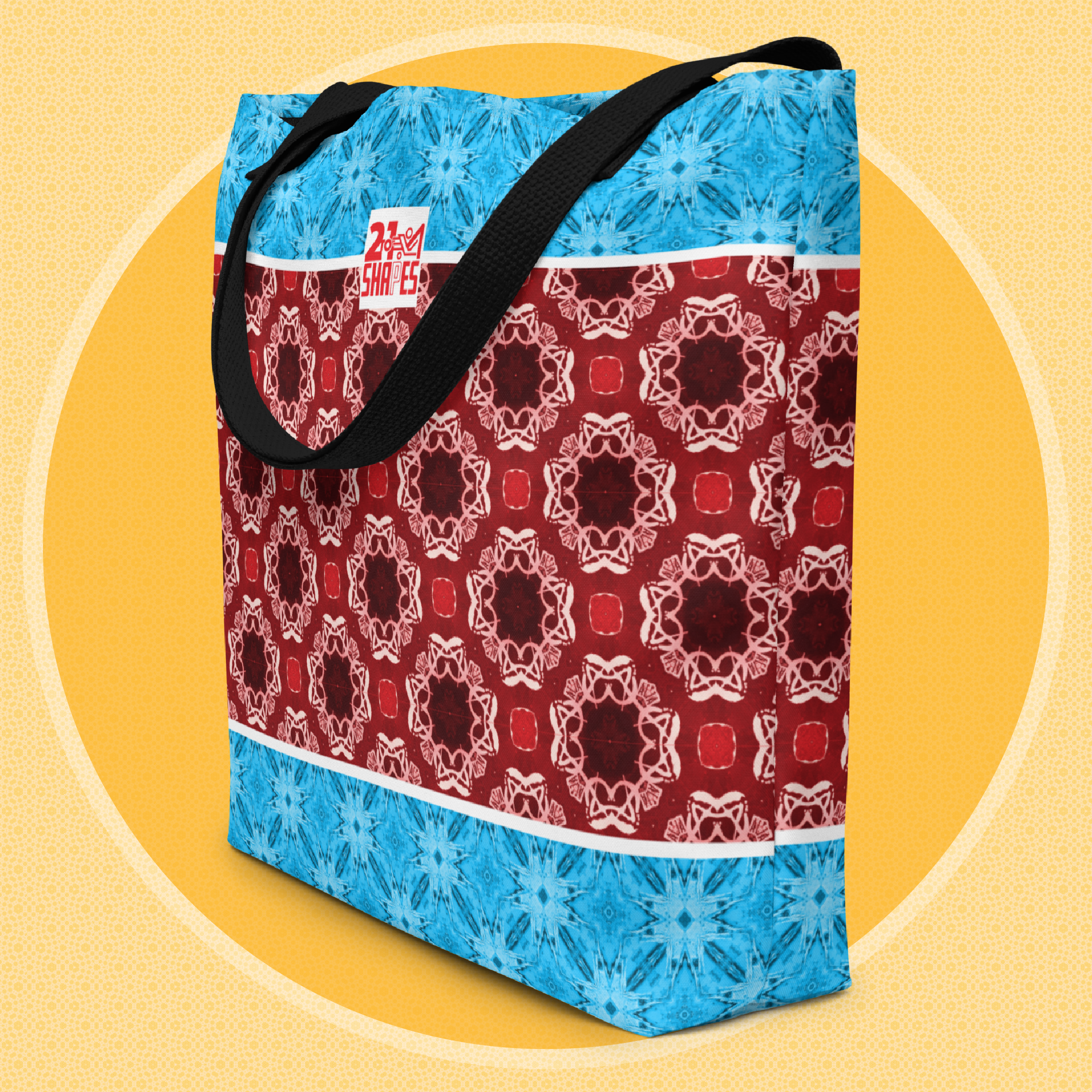 Tote bag with a blue and red geometric pattern on a yellow background