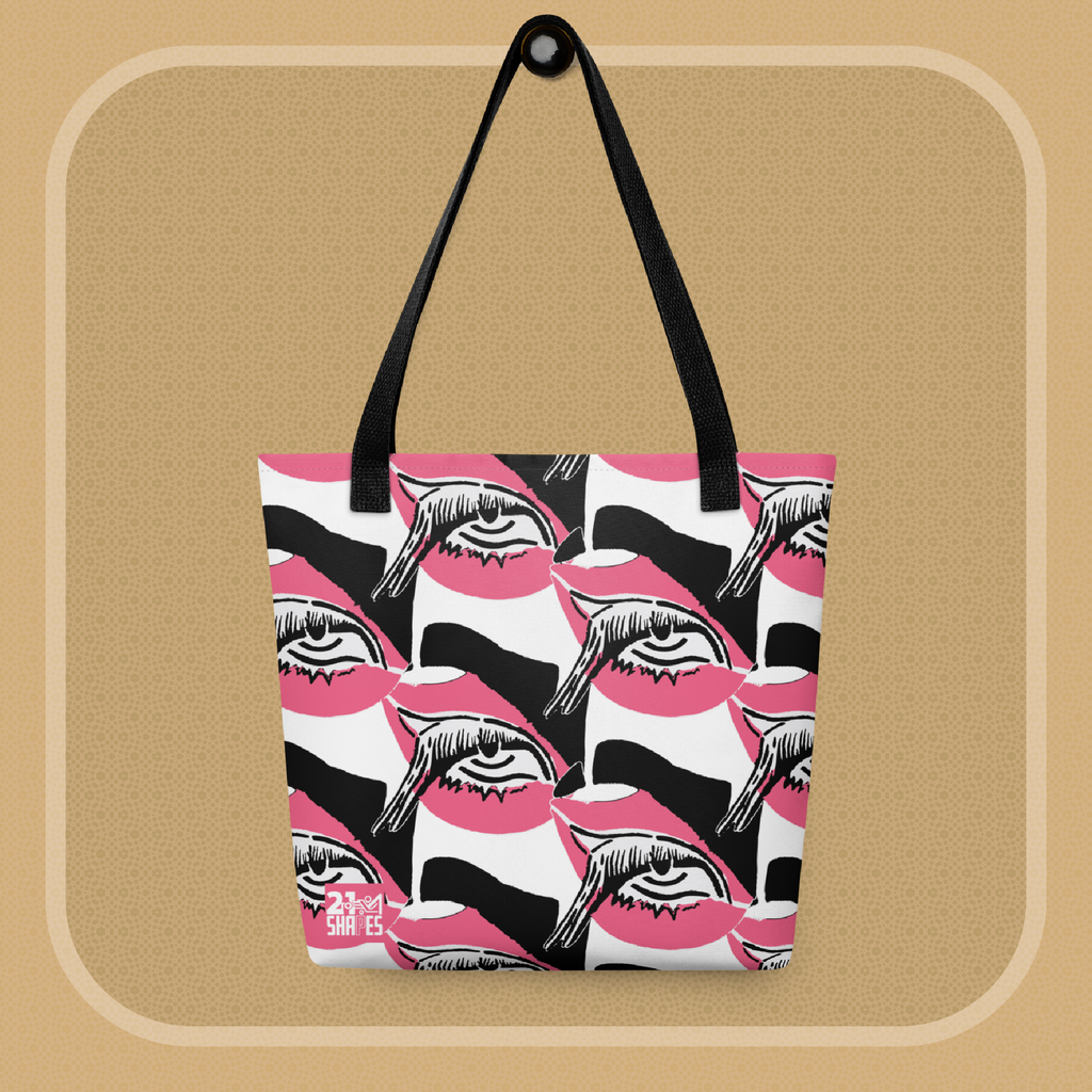 Tote bag with black, white and pink design of a repeating eye on a beige background