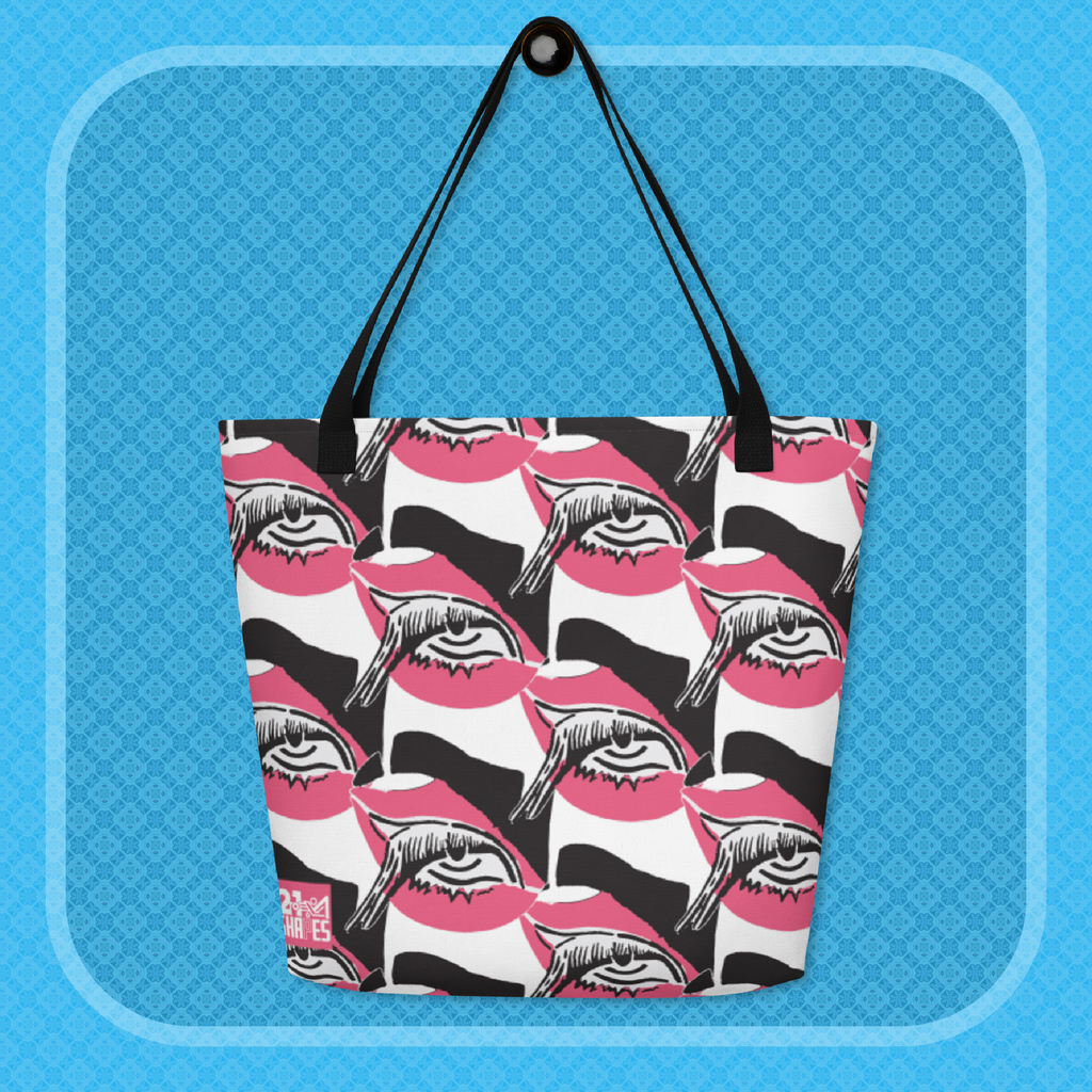 Tote bag with black, white and pink design of a repeating eye on a blue background