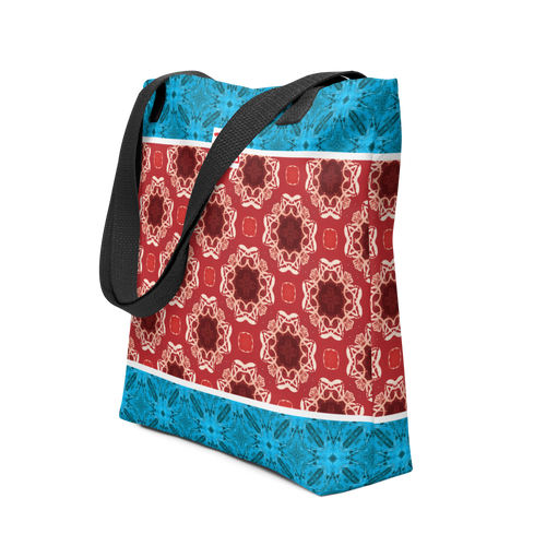 Tote bag with red geometric pattern and blue borders on a white background