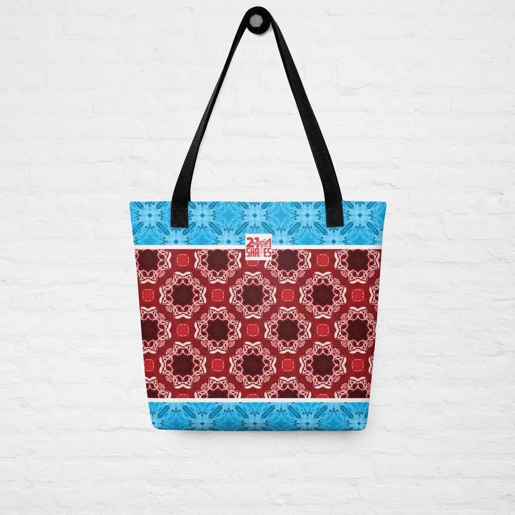 Tote bag with a blue and red pattern on a white background