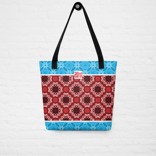 Tote bag with a blue and red pattern on a white background